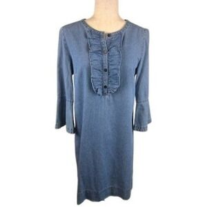 Draper James Denim Blue Jean Dress Ruffle Front 3/4 Bell Sleeve Size Medium